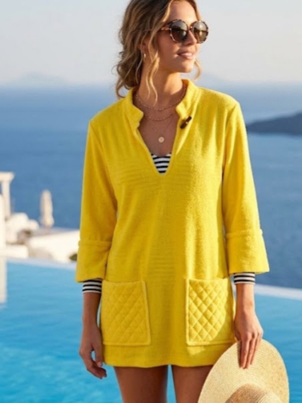 VTG 60s 70s Chantel of California Yellow Terrycloth Tunic Dress Bamboo Toggle